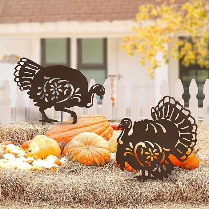 Set of 2 Metal Turkey Outdoor Decorations, Thanksgiving Decor Garden Stake,Fall Yard Porch Sign for Outside