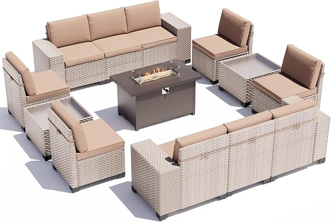 13 Pieces Patio Furniture Set with Metal Fire Pit Table, Outdoor Sectional Wicker Sofa with Thick Cushions and Coffee Table, High Back Rattan Patio Conversation Sets, Khaki