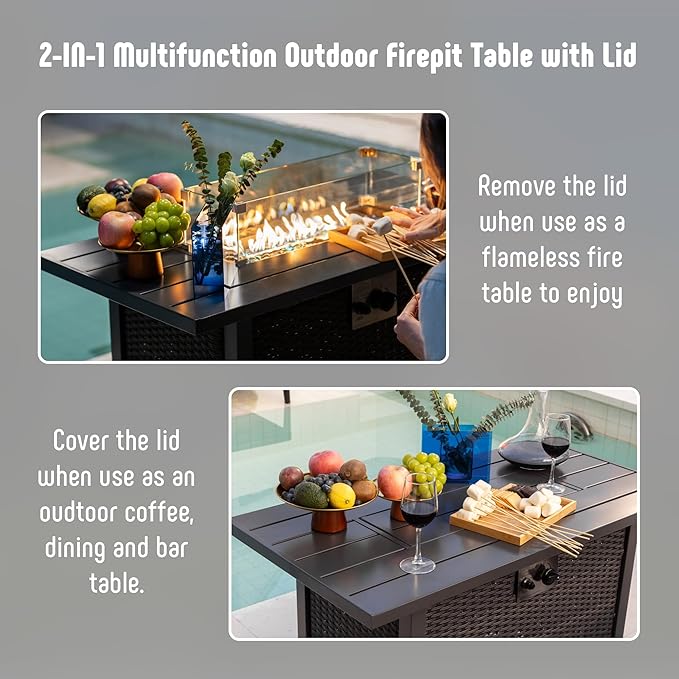 43" Propane Fire Pit Table with Rattan Fence, 50,000 BTU Gas Fire Pits for Outside Patio with Auto-Ignition, 2-in-1 Fire Table with Glass Stones,Wind Guard& Removable Lid, Black