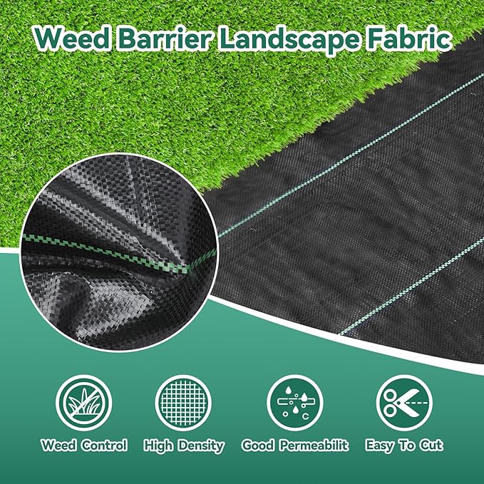 3ftx100ft Landscape Fabric, Weed Barrier Fabric Heavy Duty 3.2oz, Woven Geotextile Weed Blocker Landscaping Fabric, Garden Ground Cover Weed Control Mat with 20 Staples (2 Pack 3x50ft)