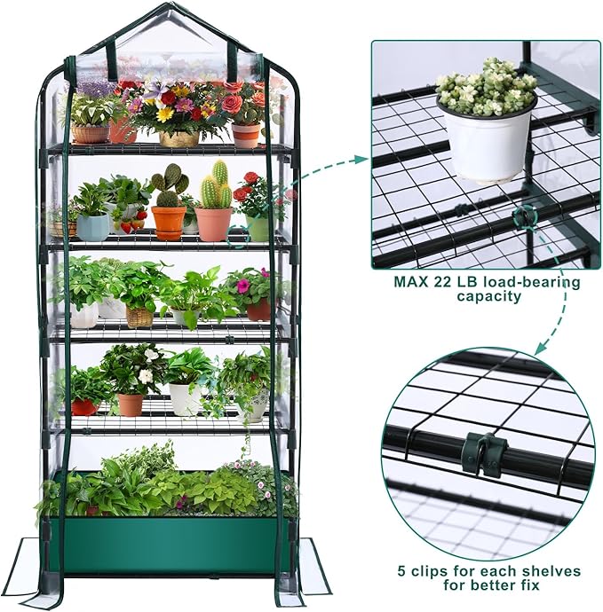 5 Tier Mini Greenhouse for Indoor Outdoor, Portable Green House with Durable PVC Cover and Shelves for Seedling, Heavy Duty Greenhouse with Waterproof Mat and Cover Tape, Gardening Gifts for Women Men