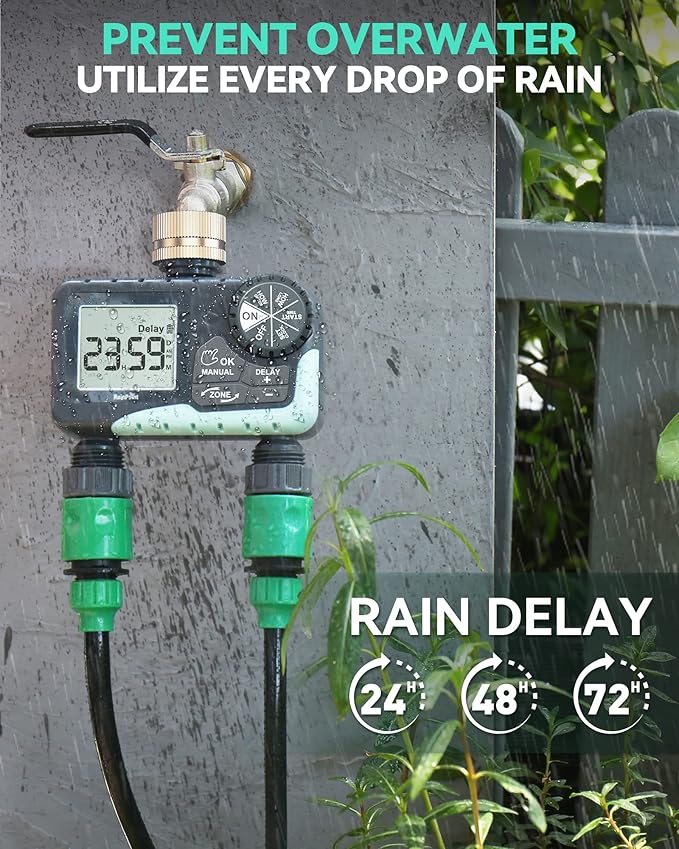 RAINPOINT 2 Zone Sprinkler Timer with Brass Swivel - 2pcs Water Timer for Garden Hose with Rain Delay/Manual Watering/Automatic Irrigation System - Programmable Faucet Timer for Yard Lawn
