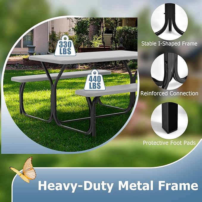 Moccha Picnic Table Bench Set - Portable Plastic Picnic Table w/Steel Frame & Wood-Like Texture, All Weather Heavy Duty Picnic Table Kit, Picnic Tables for Outdoors Garden Patio Party Dining (Grey)