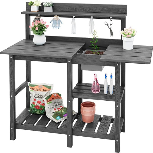 SERWALL Potting Bench Outdoor Potting Table with Sink, HDPE Potting Benches for Outside Gardening Table All Weather Use- Gray