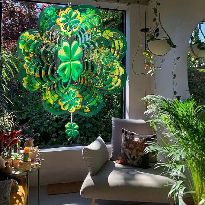 St. Patrick's Day Wind Spinner, St Patricks Day Decorations Gifts for Women, 3D Shamrock Hanging Wind Spinners for Outdoor & Indoor Decor, 12 Inch Metal Wind Spinner for Garden Yard Home Ornament