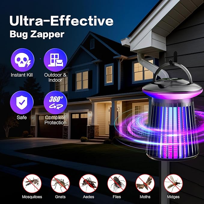 2025 Upgraded Mosquito Killer Lamp, 4200V Electric Bug Zapper for Indoor & Outdoor, Rechargeable LED Night Light - Safe for Baby & Family, Camping, Backyard, Terrace