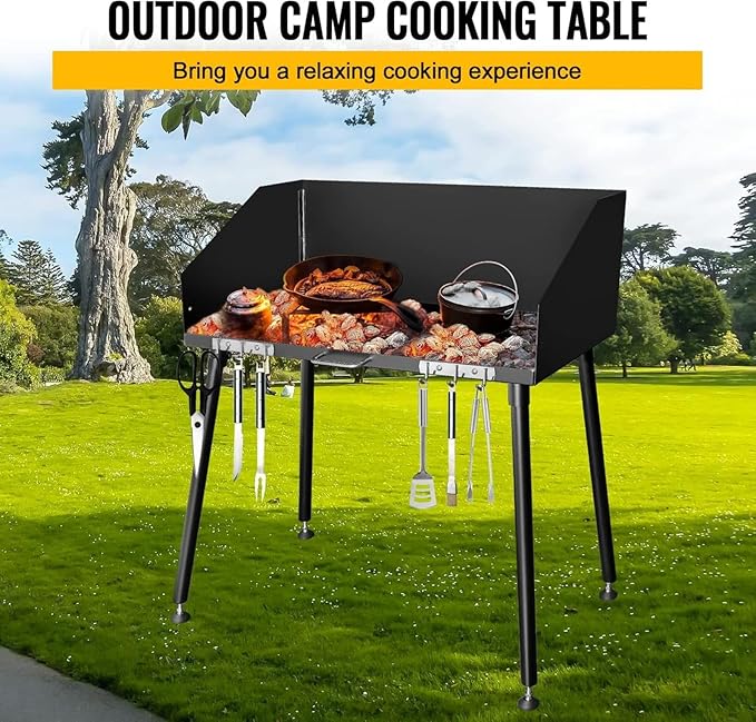Camp Cooking Table with Foldable Three-Sided Windscreen and Legs, Perfect for Dutch Oven Cooking with Charcoal Briquettes and Food Preparation,38x16
