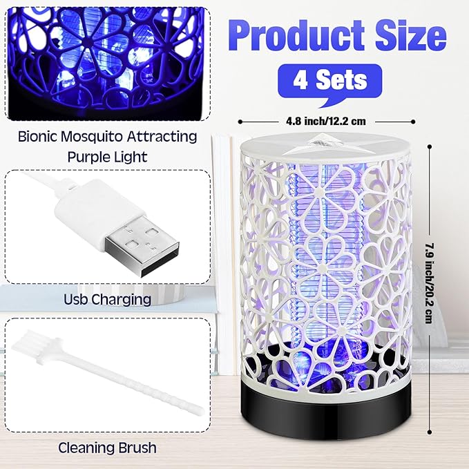 Qualirey 4 Pcs Electric Bug Zapper USB Mosquito Killer Repellent Fly Insect Lamp Purple Light Bug Trap for for Indoor Outdoor Bedroom Living Room Courtyard Backyard Patio(White)