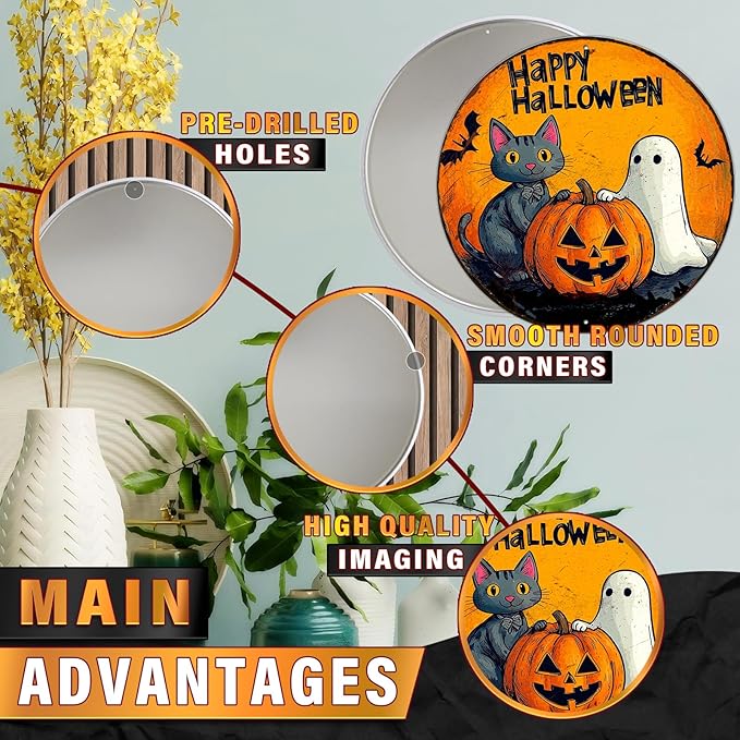 PEACHGARDEN Round Halloween Black Cat Vintage Sign Happy Halloween Pumpkin Metal Tin Sign for Home Bar Kitchen Hotel Dining Room Coffee 12x12inch