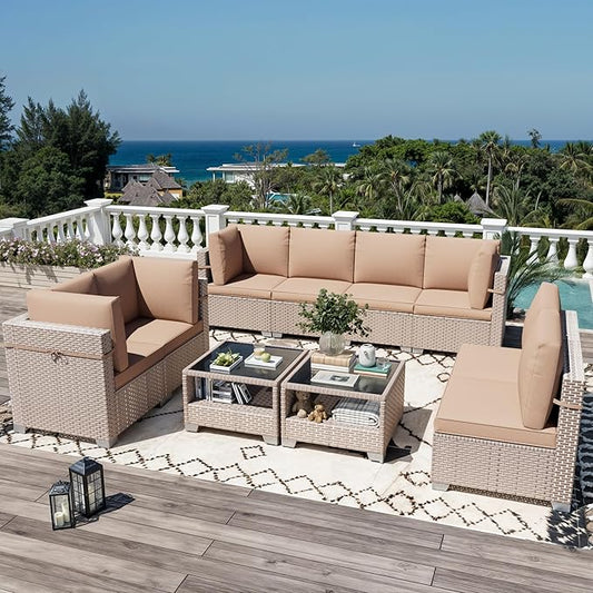 10 Pieces Patio Furniture Set, Outdoor Sectional Wicker Sofa with Thick Cushions and Storage Coffee Table, Rattan Patio Conversation Sets for Deck Yard Poolside, Khaki
