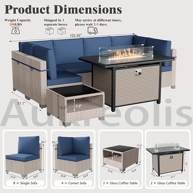 8 Pieces Patio Furniture Set with Fire Pit Table, Outdoor Sectional Wicker Sofa with Thick Cushions and Storage Coffee Table, Rattan Patio Conversation Sets, Navy