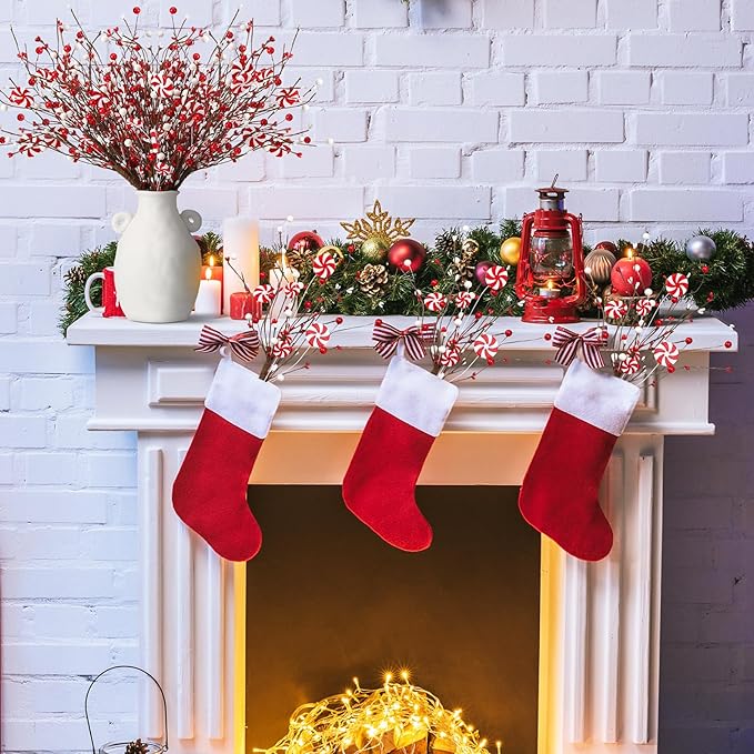 8 Pcs Christmas Candy Cane Decoration Xmas Tree Picks Ornaments, Red White Curly Pick and Spray with Artificial Berries Stem for Home Vase Filler Table Centerpiece Craft Xmas Tree Topper