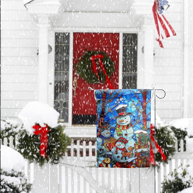 Stained Glass Snowman Garden Flag Merry Christmas Flag Hello Winter Yard Flag Happy Holidays Flag for Outside Welcome New Year Outdoor Flag 12x18 Double Sided, wintersnowman