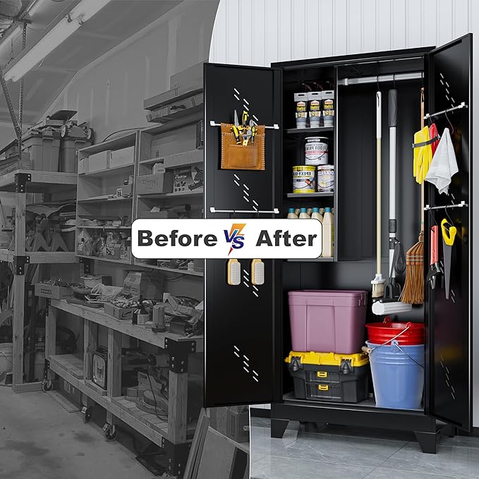 75" Outdoor Storage Cabinet – Heavy-Duty Lockable Metal Shed with Ventilated Doors, Perforated Stainless-Steel Bottom, Hanging Rod & Hooks, Easy Assembly