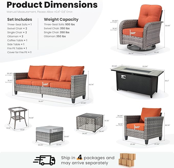 ovios 10 Pieces Patio Furniture Set, Outdoor Wicker Sofa Couch with Rocking Swivel Chairs Solar Lights Table Fire Pit, Modern Deep Seat Rattan Conversation Sets, Orange Red