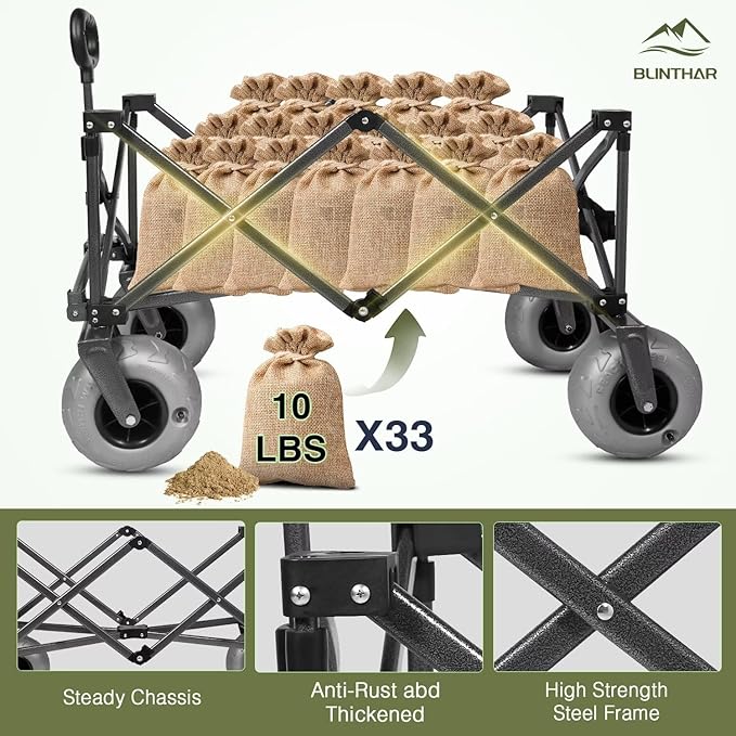 Beach Wagon with Big Wheels for Sand, Heavy Duty Collapsible Folding Wagon with All-Terrain 9" Pneumatic Tires & Drink Holders, Utility Wagon for Garden Sports Camping Outdoor Activities