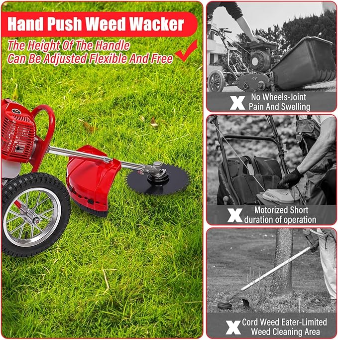 Weed Wacker, 2 Stroke 49 CC Gasoline Weed Eater, 6500-7000R/Min Hand Push Weed Wacker, 0.95L Small Weed Wacker, can Folded Rear Wheel, for Mountains, Hills, Plains, Orchards Etc
