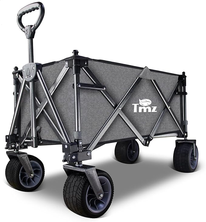 TMZ Collapsible Folding Wagon Cart, Outdoor Utility Garden Cart, Heavy Duty Camping Wagon with Big Wheels, Foldable Wagon for Sports, Shopping, Fishing and Beach-Grey