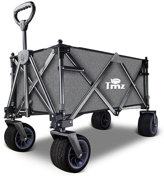 TMZ Collapsible Folding Wagon Cart, Outdoor Utility Garden Cart, Heavy Duty Camping Wagon with Big Wheels, Foldable Wagon for Sports, Shopping, Fishing and Beach-Grey
