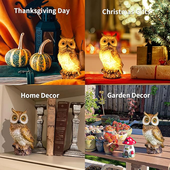 Solar Owl Garden Statues Outdoor Decor Resin Owl Figurine with LED Lights Owl Sculpture for Porch Patio Lawn Yard Decorations Halloween Christmas Housewarming Gifts for Women Mom,Brown Owl