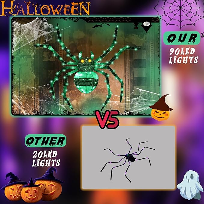 【1 Piece】 4.6Ft Giant Spider Halloween Decorations Outdoor 55" Light Up Spider with 90 LED Lights for Front Yard, Porch, Garden, Lawn, Halloween Party (Green)