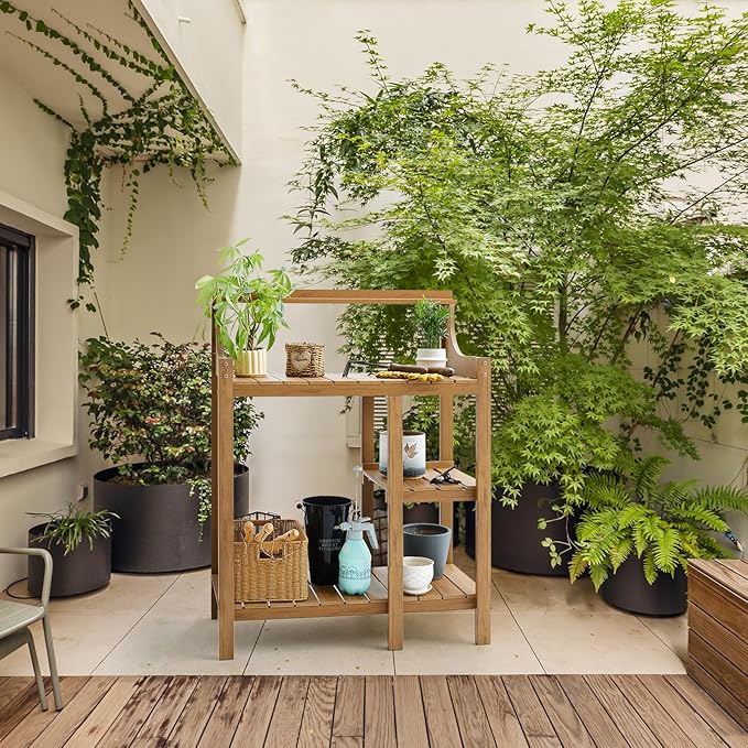 LMP Potting Bench, HDPS Potting Bench Table, 50’’x17.5x37.5' (LxWxH) All Weather Potting Table Work Station for Outside Gardening, Like Teak Wood