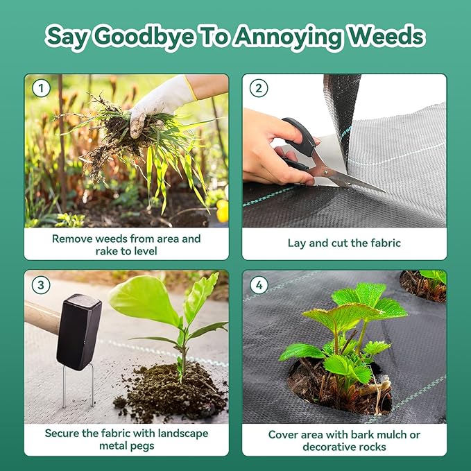 4ftx100ft Landscape Fabric, Weed Barrier Fabric Heavy Duty 3.2oz, Woven Geotextile Weed Blocker Landscaping Fabric, Garden Ground Cover Weed Control Mat with 20 Staples (2 Pack 4x50ft)