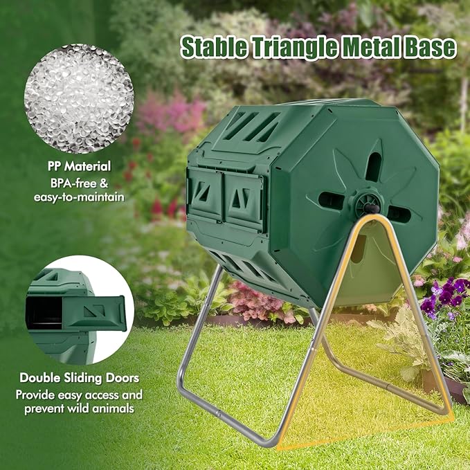 Goplus Compost Tumbler, 43 Gallon Rotating Compost Bin Barrel, Dual Chamber Tumbling Composter with Sliding Door, Gloves, Aeration System for Outdoor, Garden, Yard