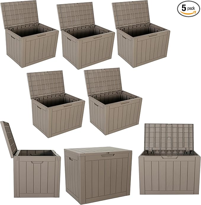 BTEXPERT Set of 5, Indoor Outdoor Storage Box, 30 Gallon Resin Deck Container for Package Delivery Patio Furniture Cushions Garden Tools Pool Sports Equipment UV Resistant Waterproof Lockable
