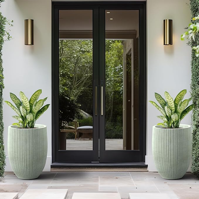 Kante Round Fluted Concrete Planter, 16.9-Inch Dia Barrel-Style Pot with Drainage Hole, Mint Green Finish with Warm Brown Interior, 13.7" Opening, for Indoor and Outdoor Use