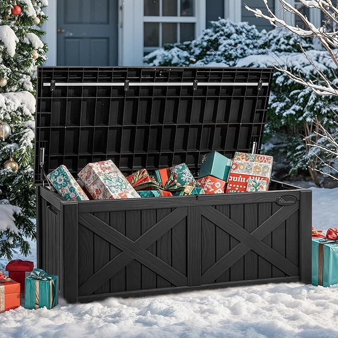 YITAHOME 120 Gallon Large Outdoor Storage Box with X-Shaped Front, Waterproof Resin Deck Box Cushion Storage Bench for Patio, Pool Supplies, Garden Tools - Lockable, Black