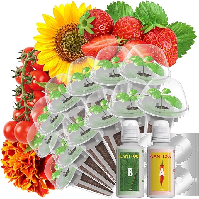 LYKOCLEAN Flower Fruit Seed Pods for AeroGarden, Ahopegarden, iDOO Hydroponics Growing System Indoor, 350 Seeds Including Dwarf Sunflower Bambino, French Marigold, Red Tomato, Red Strawberry (12-Pods)