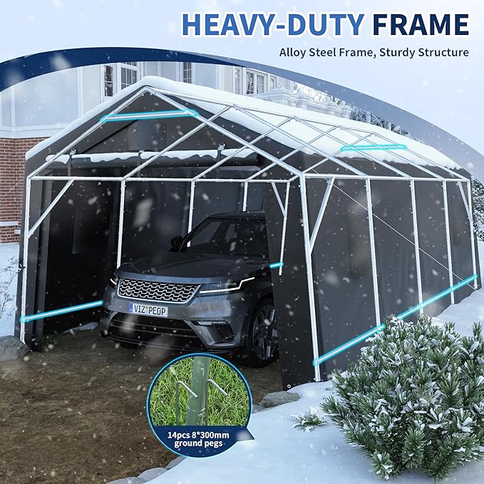 12'×20' Heavy Duty Carport,Car Canopy Portable Garage with Roll-up Zipper Door,Thick Shelter Storage Canopy Tent with All-Steel Metal Frame,Sunshade Waterproof for Motorcycle Car, Truck,SUV