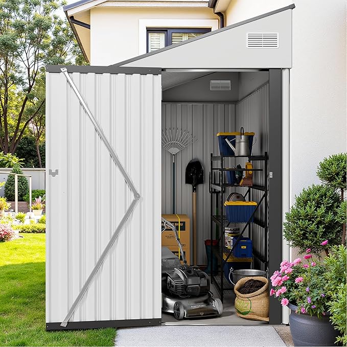 4x8 Lean to Metal Shed - White, Heavy-Duty Outdoor Storage for Bikes, Tools, Lawn Mowers & Firewood, Rust-Resistant Wall Side Design Sheds with Lockable Door, Waterproof Coating & Sloped Roof