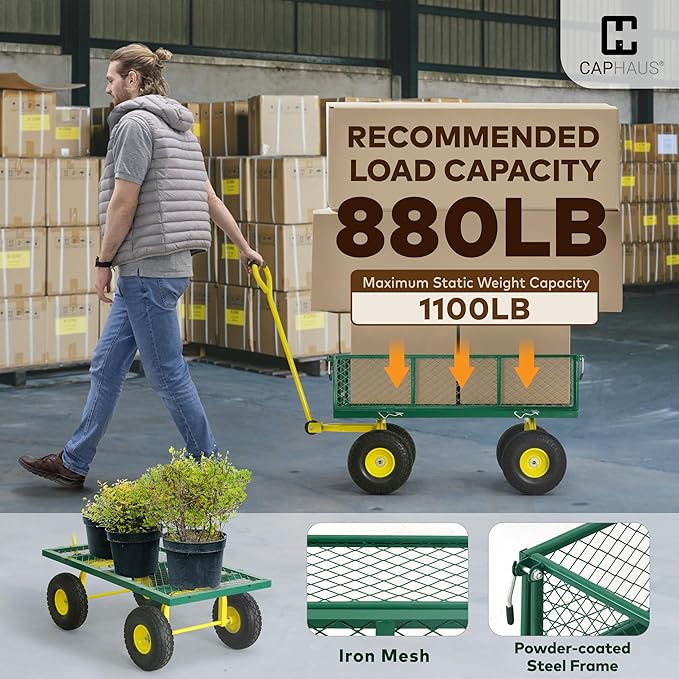 CAPHAUS Metal Black Garden Cart, w/ 180° Adjustable Yellow Handle, w/Mat and Strap, Heavy Duty 880 lbs Capacity, w/ 10” Flat-Free Tires, Sides Removable, Utility Wagon, Lawn Cart, for Garden, Yard