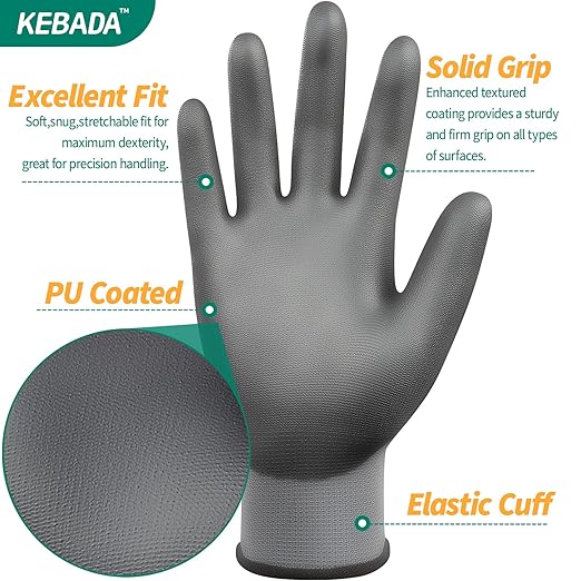 Kebada W1 Work Gloves for Men and Women,12 Pairs Touchscreen Working Gloves with Grip, PU Coating on Palm & Fingers,Gray Small
