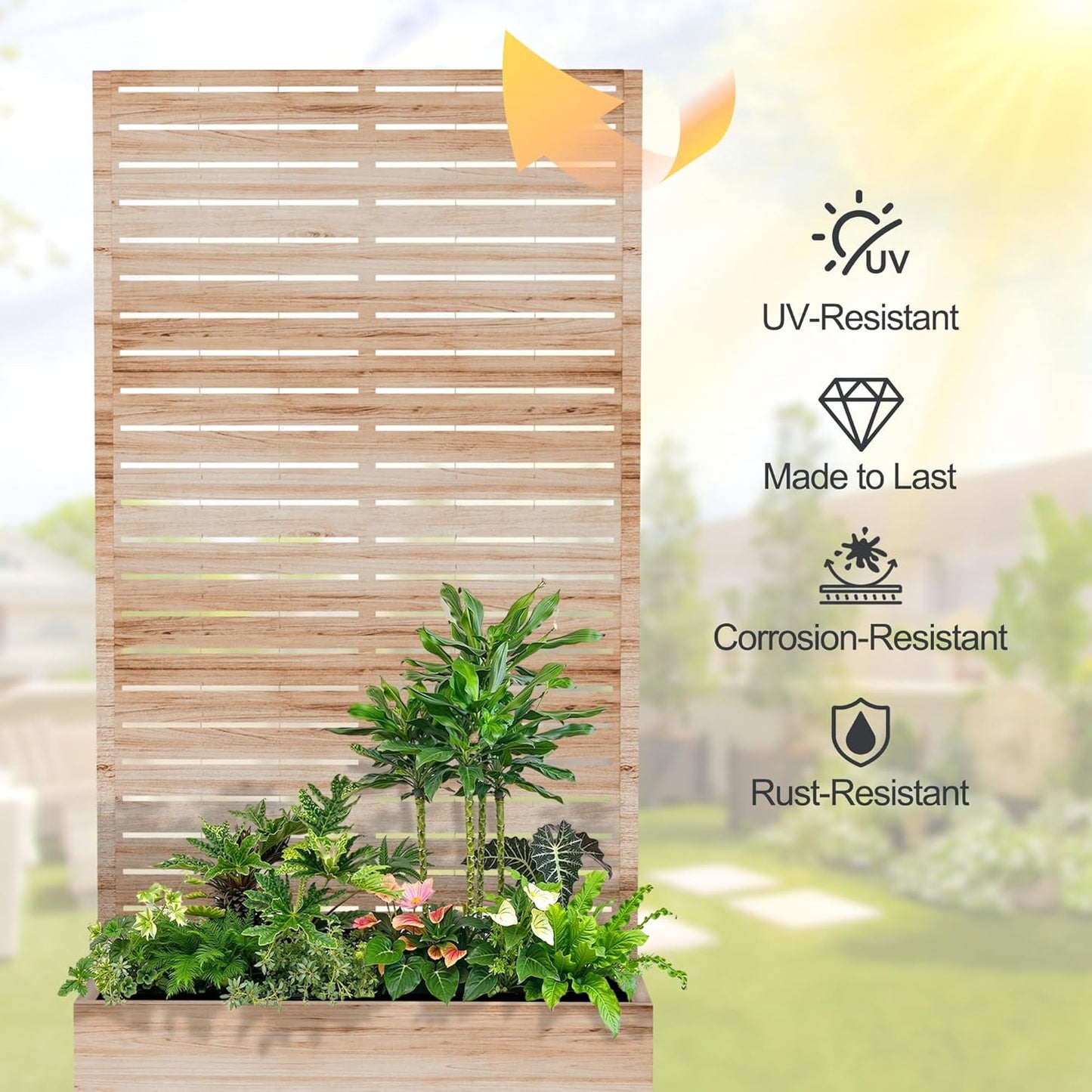 Raised Garden Bed with Trellis and Wheels,73"x35"x16" Metal Raised Garden Bed,Acacia Finish Metal Planter with Climbing Trellis for Vines & Vegetables