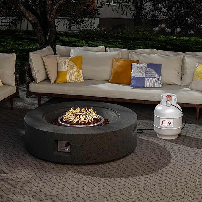 SUNBURY Outdoor Fire Pit, 42" Round Propane Gas Patio Fire Table 50,000 BTU Concrete Travertine Design, CSA Certified, Circular Base Firepit with Lava Rocks, Waterproof Cover (Grey)