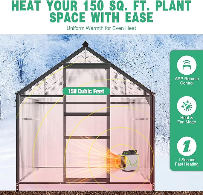 Kiroto 1500w Greenhouse Heater,with APP Remote Control, Portable Outdoor Winter Heater With Thermostat For Plants & Vegetables Grow Tent, Smart Safe