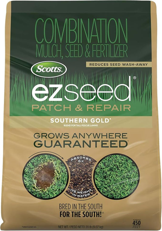 Scotts EZ Seed Patch & Repair Southern Gold Blend for Tall Fescue Lawns, Mulch, Grass Seed and Fertilizer for Bare Spots and Repair, Bred for The South, 20 lbs.