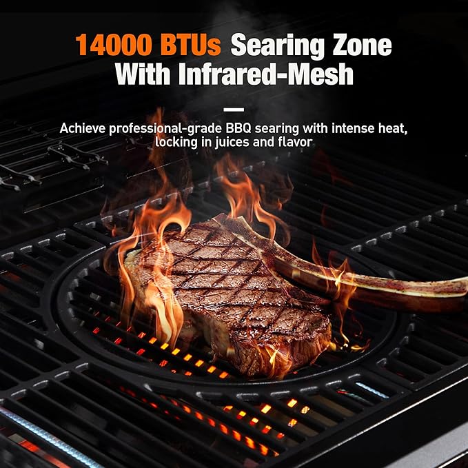 Brand-Man PRO 5-Burner Propane Gas Grill,14000 BTUs Searing Zone with Infrared-Mesh, Porcelain-Enameled Cast Iron Grates and Griddle, Side Burner & Natural Gas Convertible for Outdoor Barbecue Cooking