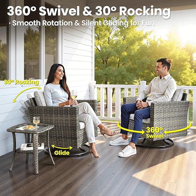 ovios 10 Pieces Patio Furniture Set with Swivel Chairs Rocking Gliders, 54" Fire Pit Table, Outdoor Sofa Couch with Solar Lights Table, Modern Deep Seat Wicker Rattan Conversation Set, Grey