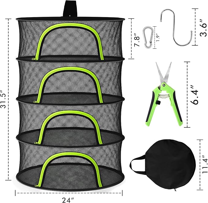 Herb Drying Rack Hanging Mesh 4 Layer 24" with Zipper, Garden Pruning Shear, Hook & Carabiner Clip for Drying Herbs, Plants, Seeds, Buds | Hydroponics & Grow Tents Herb Dryer Hanging Rack