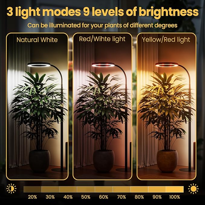 Grow Light Plant Light for Indoor Plants, Full Spectrum Grow Lamp with Pedestal Stand, Automatic Timer for 3H/9H/12H, 10 Dimmable Levels, Height Adjustable 51-67in Black