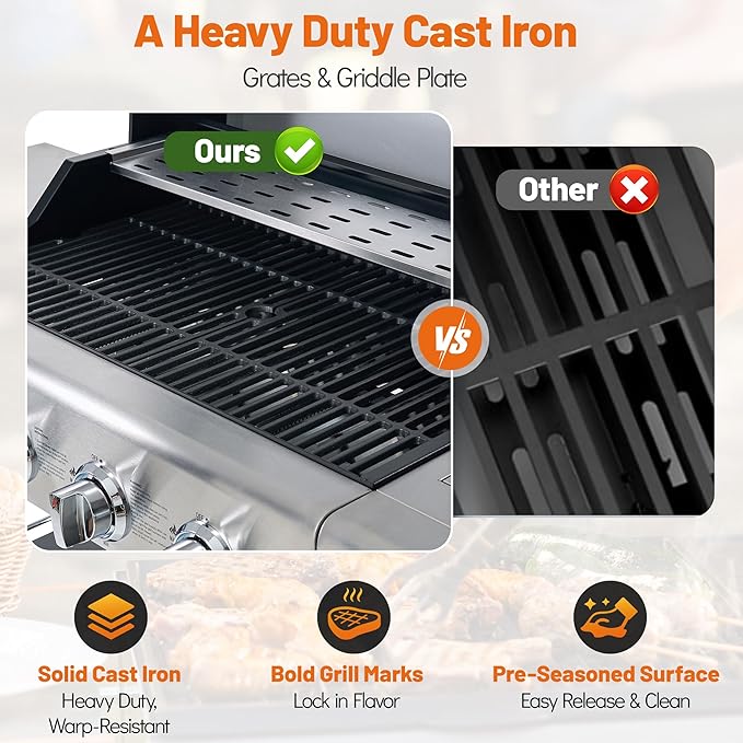 5-Burner Propane BBQ Grill with Side Burner, Each Main Burner 10,000 BTU, 50,000 BTU Total, Stainless Steel Outdoor Gas Grill, Porcelain Cast Iron Grates, Lockable Wheels for Backyard & Patio