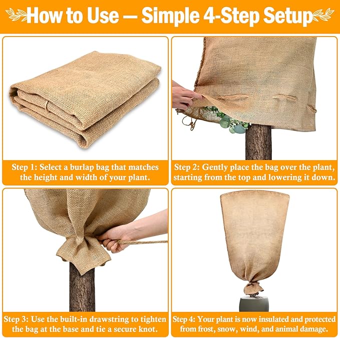 Legigo 3 Pack 32 X 40 Inch Burlap Plant Covers Freeze Protection Bags, Winter Plant Frost Covers with Drawstring, Reusable Tree Covers Burlap Frost Cloths Protection for Outdoor Plants Shrubs Fruit