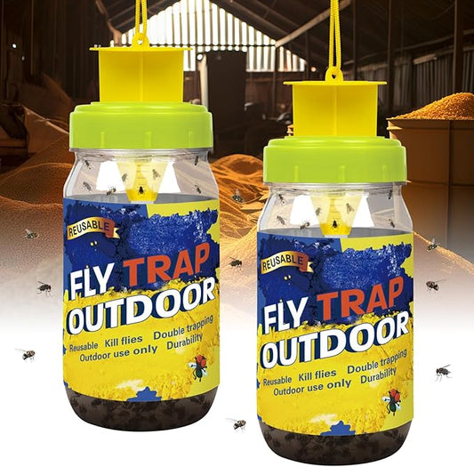 Glovv 2 Pack Reusable Fly Traps Outdoor for Patio with Bait Refill, Haning Fly Jar Trap Gnat Catcher Killer for Outside, Filth Flies Insect Bug Control to Repellent Fruit Fly for Ranch, Yard