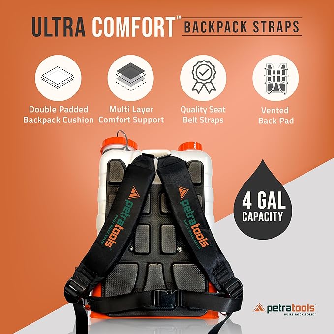 PetraTools Battery Powered Backpack Sprayer 4 Gallon - 6 Hours Long Battery Life & Padded Straps for Comfort - HD4000 Electric Backpack Garden Sprayer with 6 Spray Nozzles (HD4000 with Cart)