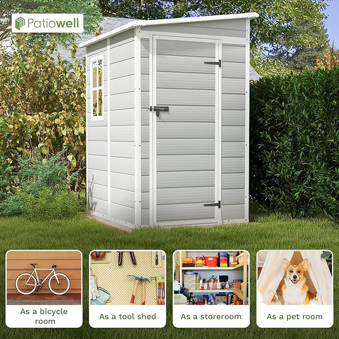 Patiowell 5x4 FT Outdoor Storage Shed, Resin Storage Shed with Floor & Lockable & Window Door for Patio Furniture, Garden Tools and Bicycle, White & Grey