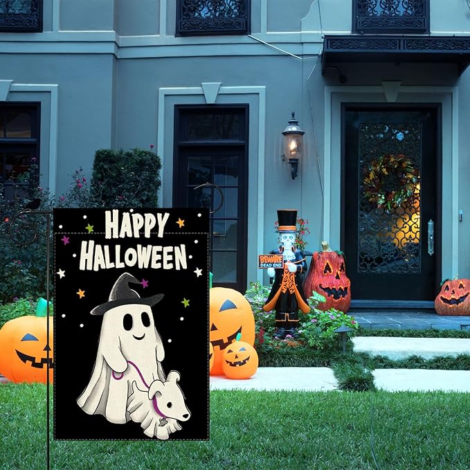Happy Halloween Garden Flag Ghost Dog Yard Flag 12x18 Inch Double Sided Small Mini Yard Outdoor Outside Holiday Party Decoration